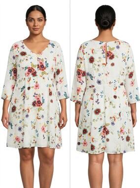 Madison Leigh Floral V-Neck 3/4 Sleeve Lined A-Line Dress Women Size 14